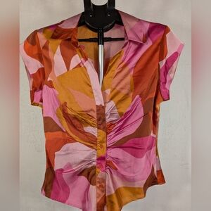 Women’s Abstract Print Ruched Button-Front Top - Pink & Orange